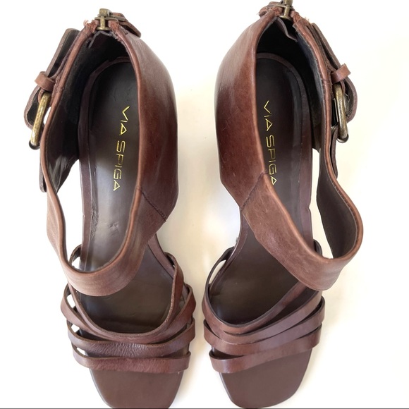 VIA SPIGA BROWN LEATHER WEDGE SANDALS - Picture 4 of 12